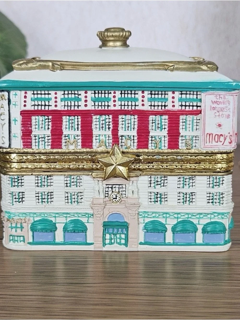 Macy's Ceramic Trinket Box in White, Teal & Gold Accents year 2000